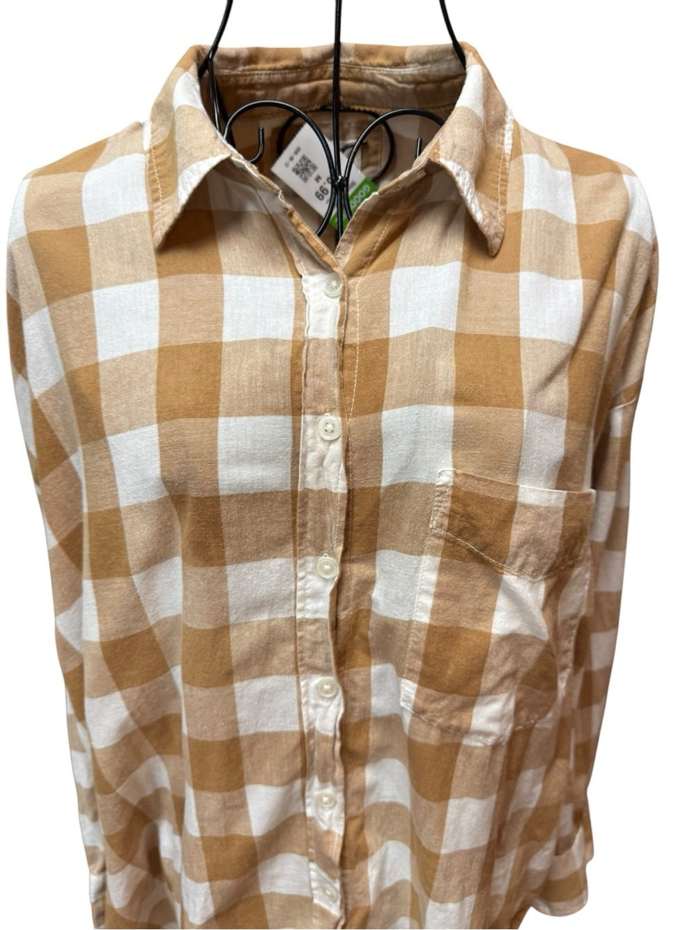 Anthropologie Maeve 100% Cotton Checked Button-Down Shirt - Cream & Tan preppy - Picture 3 of 9